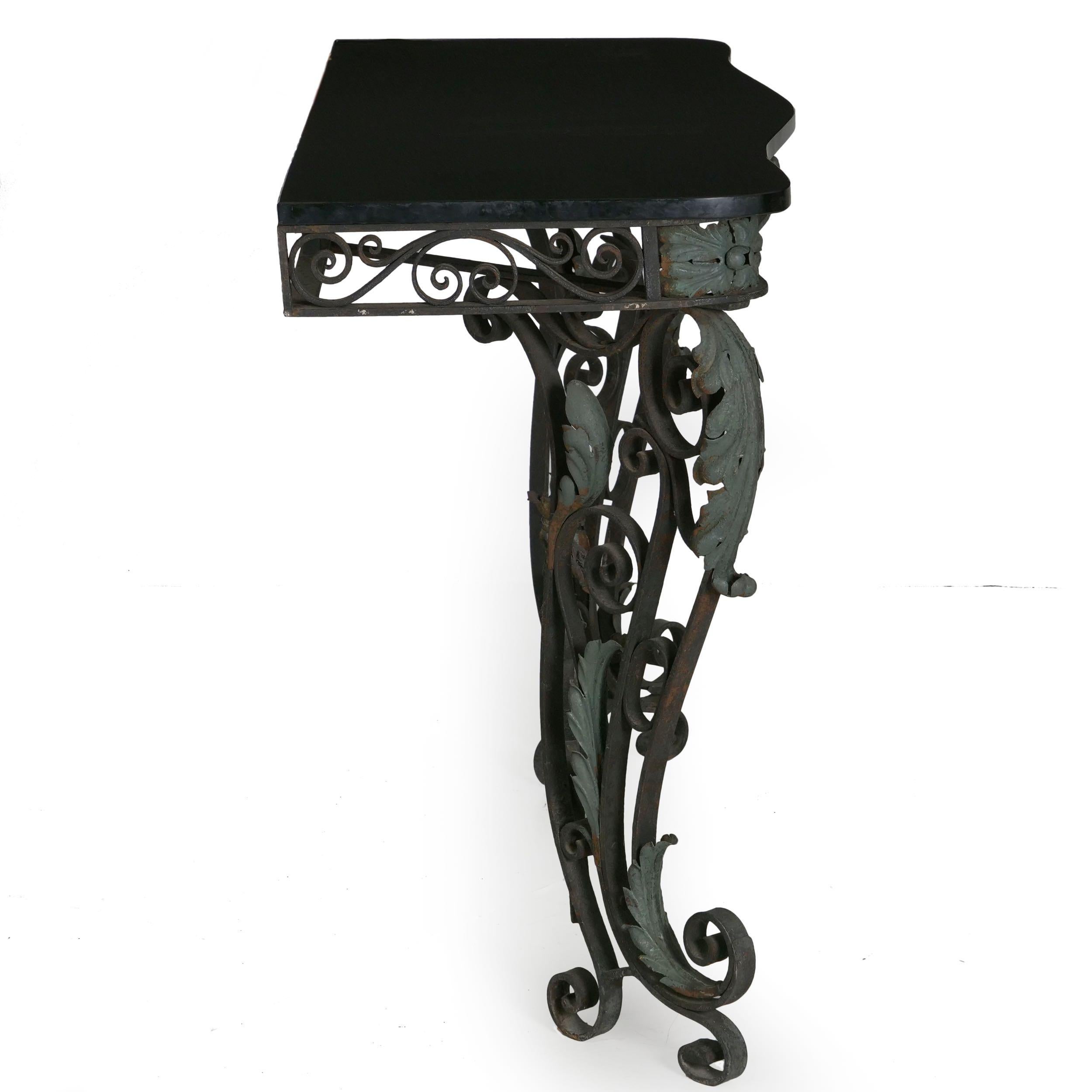 Pair of Art Nouveau Wrought Iron Antique Black Stone Console Tables 9