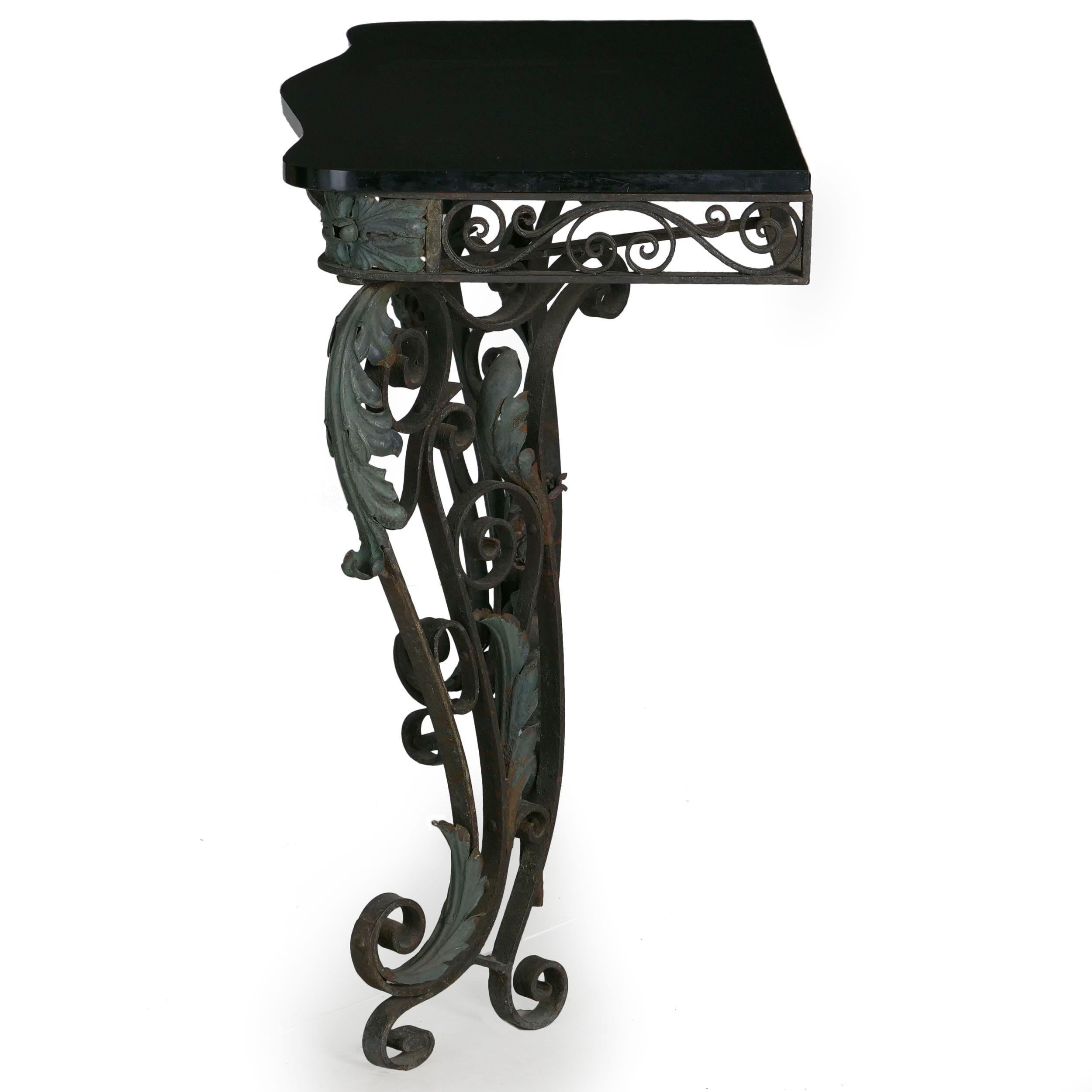 Pair of Art Nouveau Wrought Iron Antique Black Stone Console Tables 10