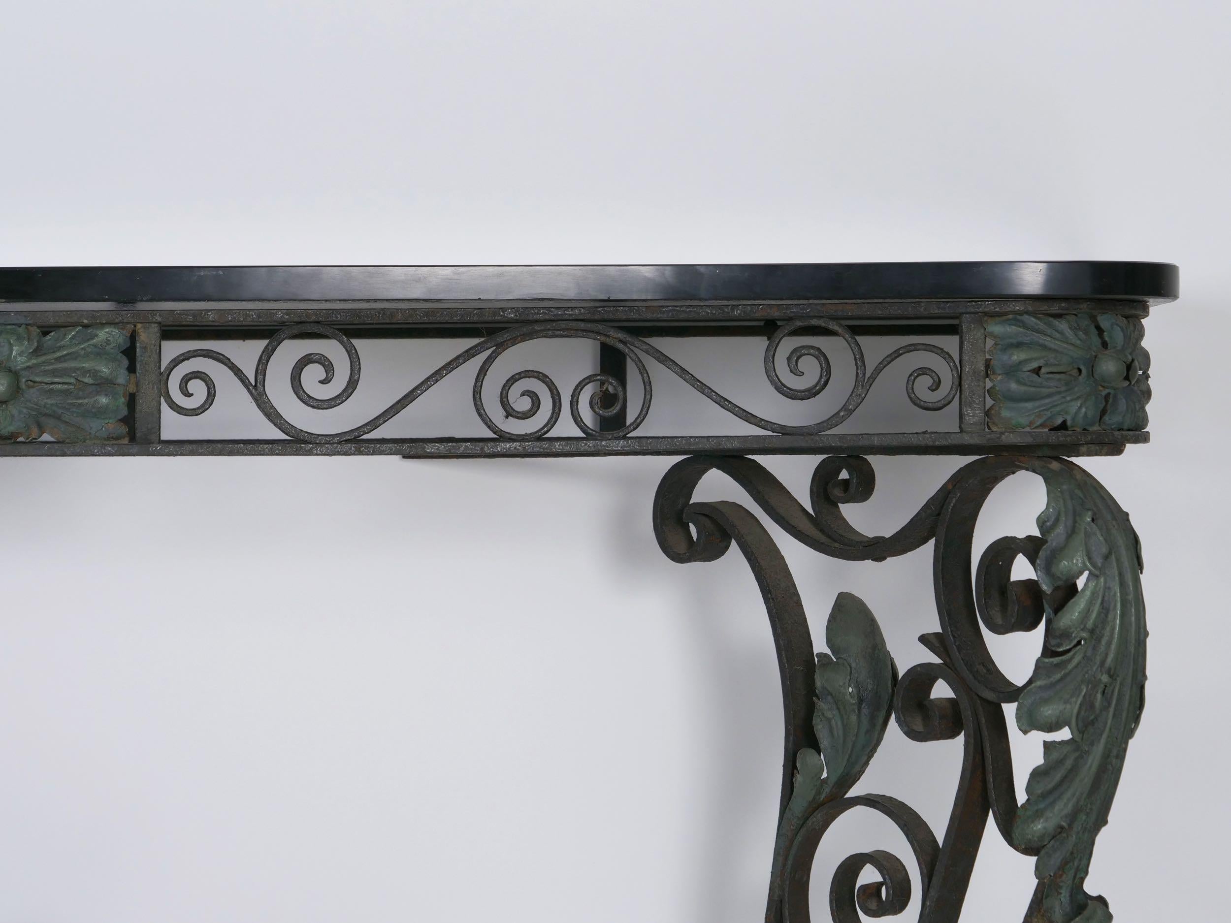 Pair of Art Nouveau Wrought Iron Antique Black Stone Console Tables 11