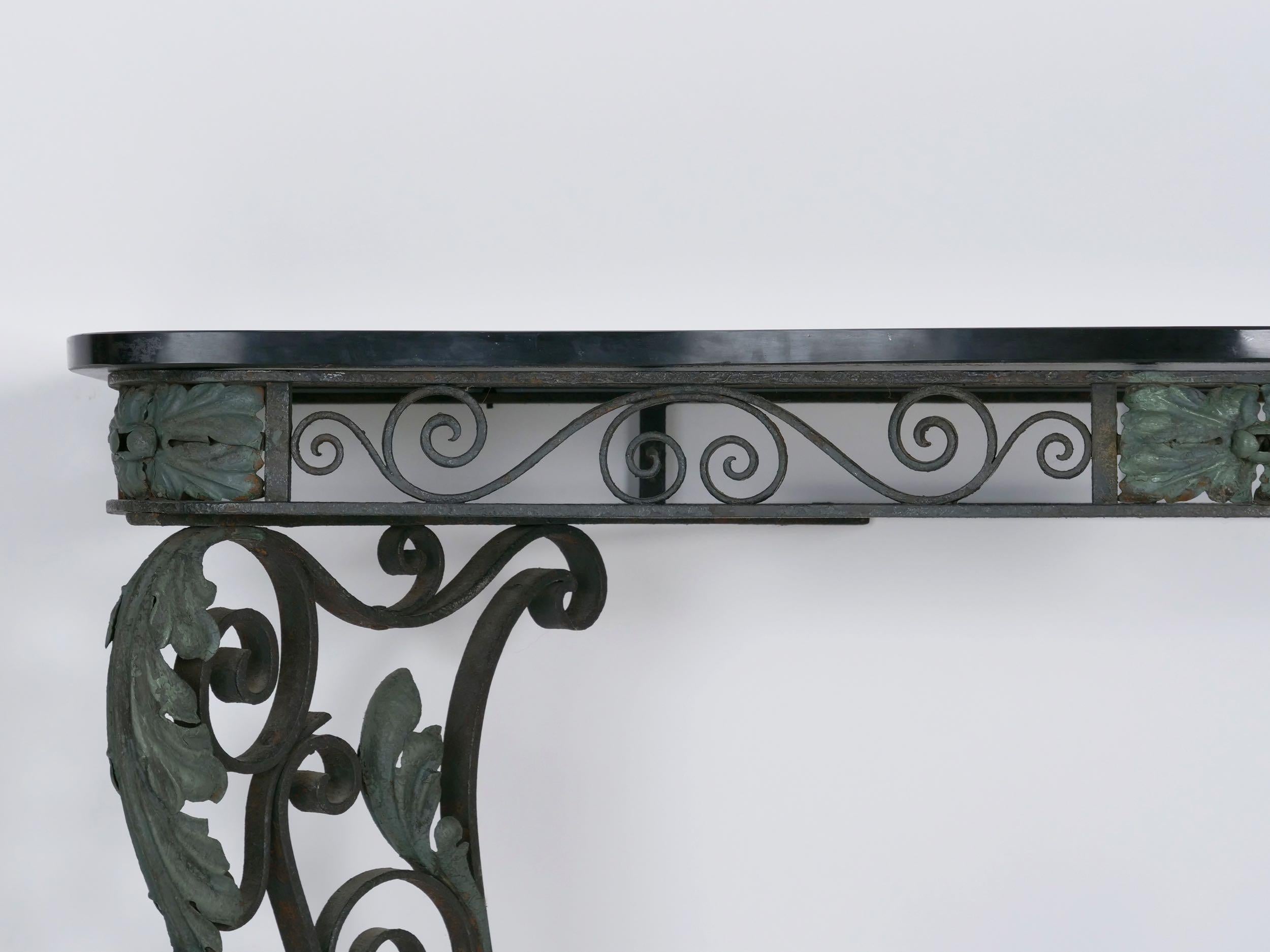 Pair of Art Nouveau Wrought Iron Antique Black Stone Console Tables 12