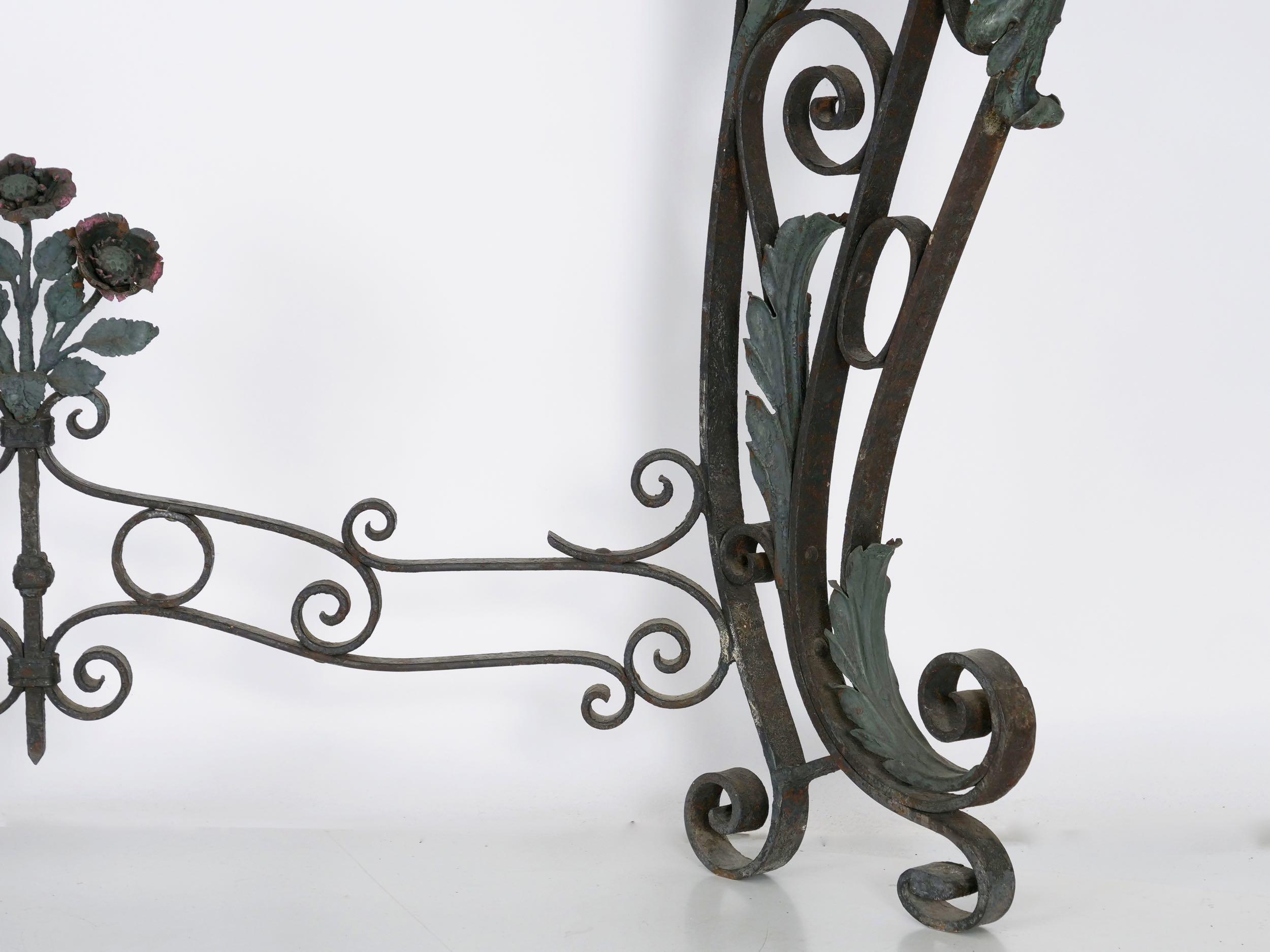 Pair of Art Nouveau Wrought Iron Antique Black Stone Console Tables 14