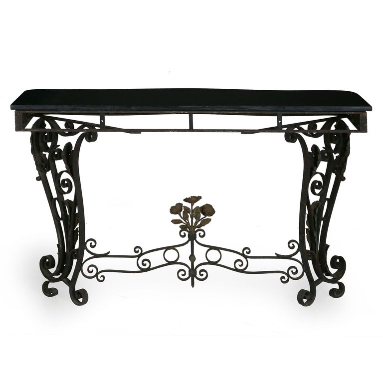Pair of Art Nouveau Wrought Iron Antique Black Stone Console Tables at