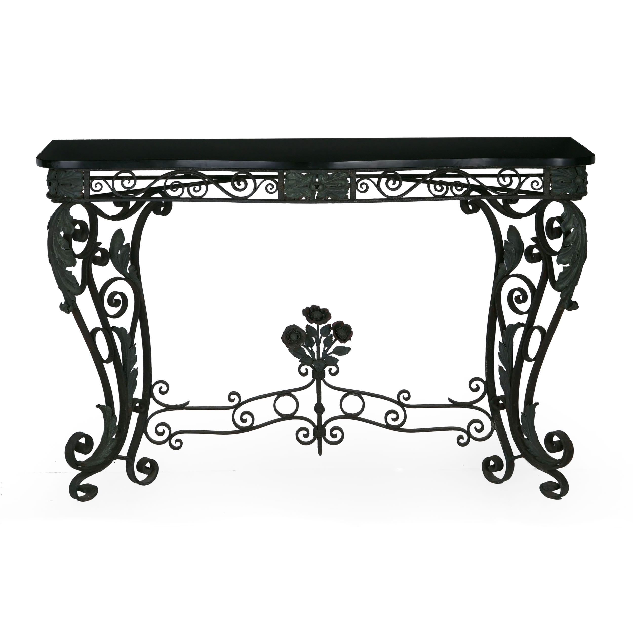 Pair of Art Nouveau Wrought Iron Antique Black Stone Console Tables In Good Condition In Shippensburg, PA