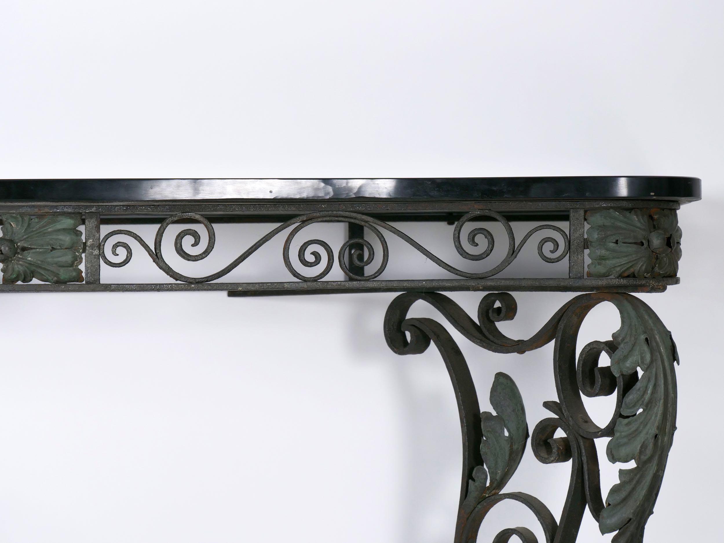 20th Century Pair of Art Nouveau Wrought Iron Antique Black Stone Console Tables