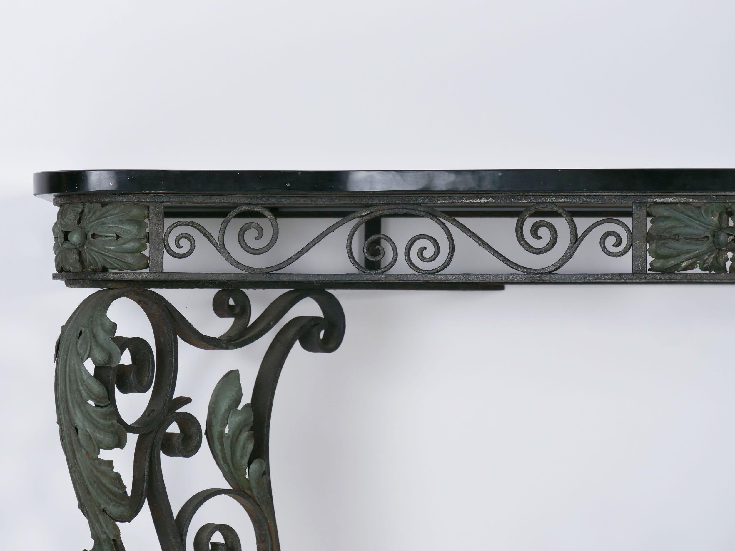 Pair of Art Nouveau Wrought Iron Antique Black Stone Console Tables 1