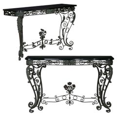 black wrought iron console table Pair of Art Nouveau Wrought Iron Antique Black Stone Console Tables