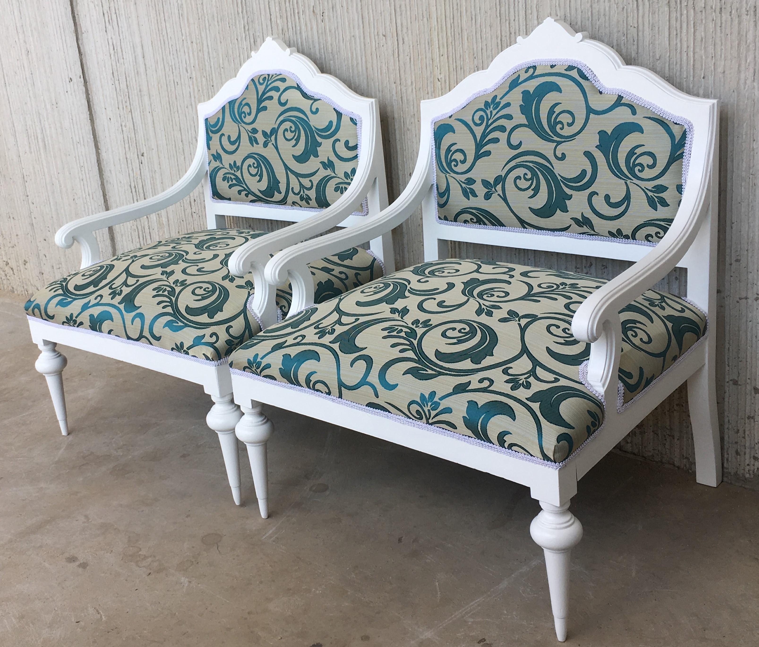 Pair of Art Noveau lounge chairs painted in white and reupholstered.
The armchairs are made of mahogany.