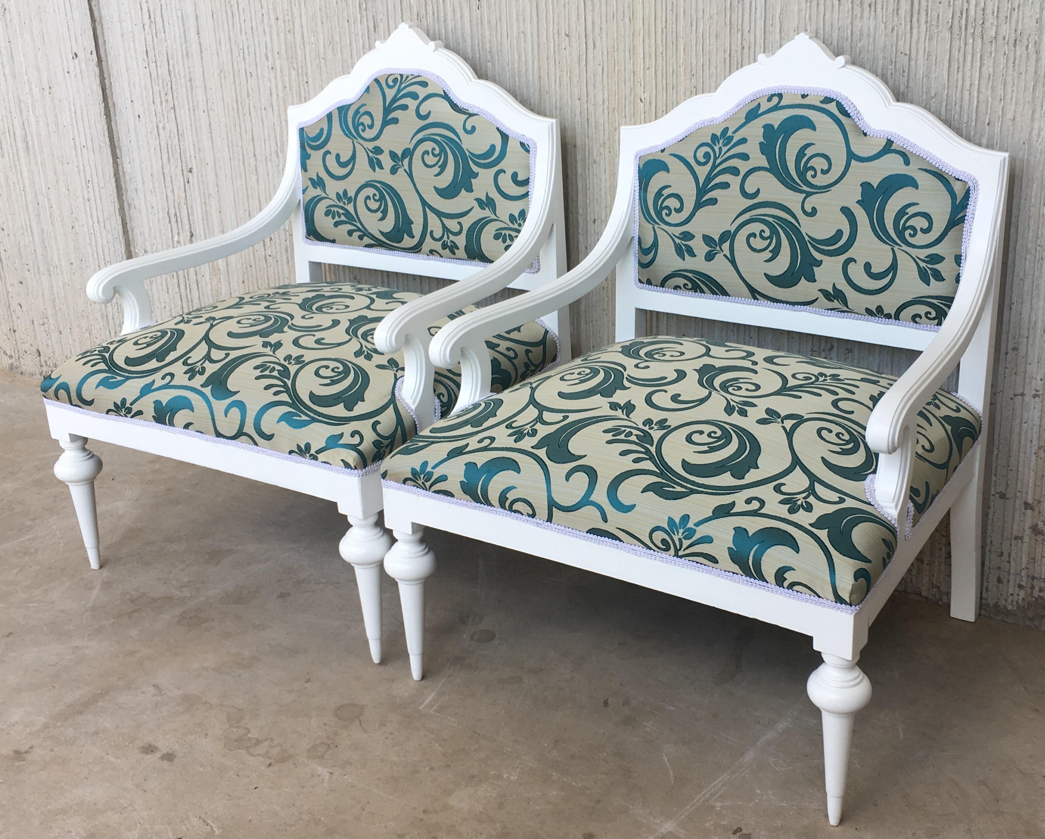 Mid-Century Modern Pair of Art Noveau Lounge Chairs Painted in White and Reupholstered
