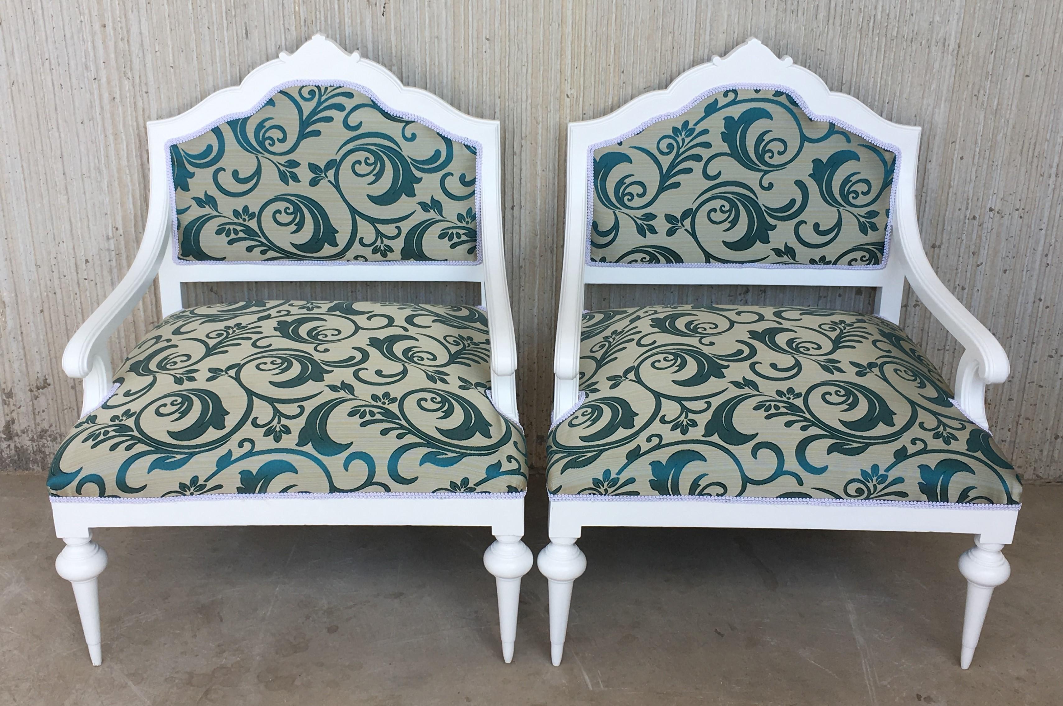 French Pair of Art Noveau Lounge Chairs Painted in White and Reupholstered
