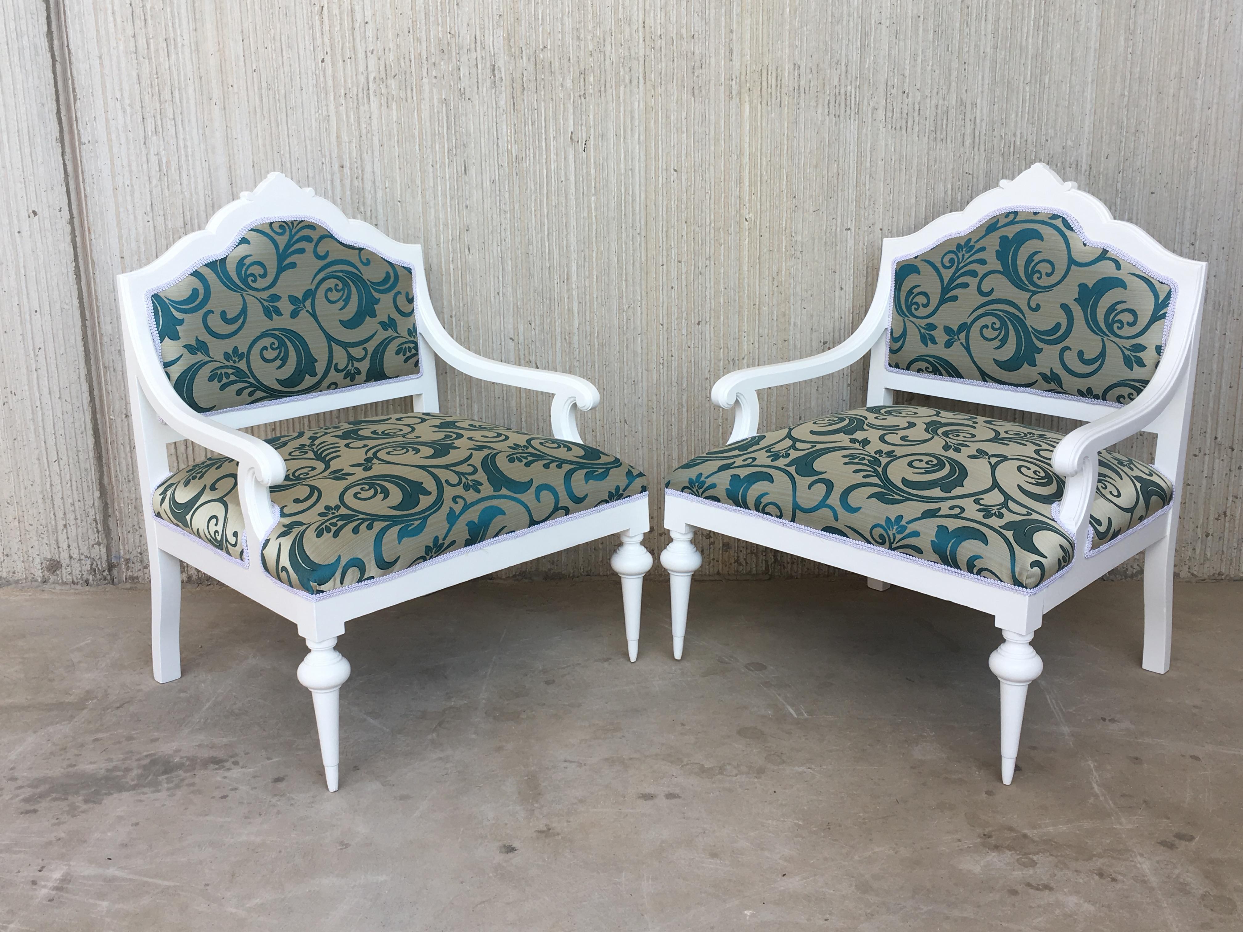 Pair of Art Noveau Lounge Chairs Painted in White and Reupholstered In Excellent Condition In Miami, FL