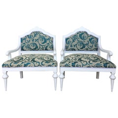 Pair of Art Noveau Lounge Chairs Painted in White and Reupholstered