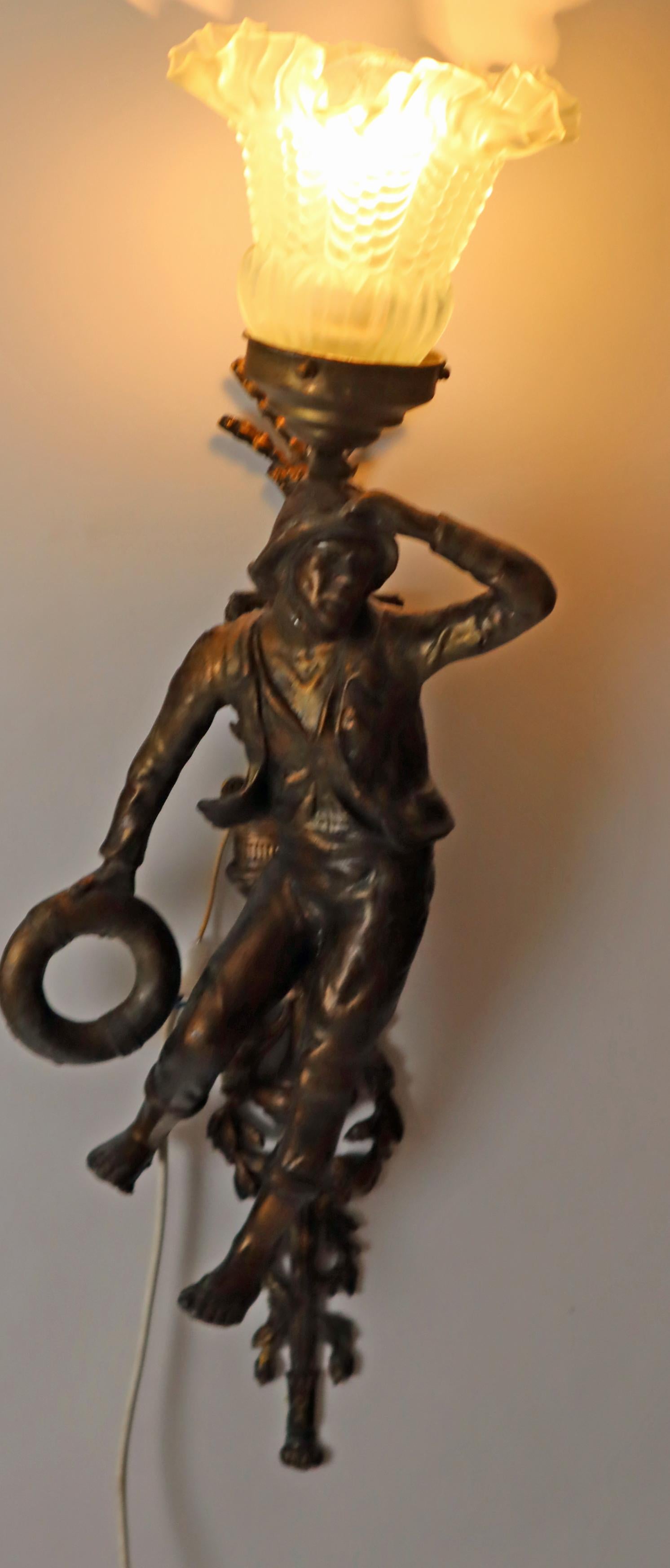 Art Nouveau Coppia di appliques figurate Art Novo Marinaio e contadina 1890 circa Francia in vendita