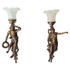 Pair of Art Novo Figural wall Sconces Sailor & Peasant Woman around 1890 France