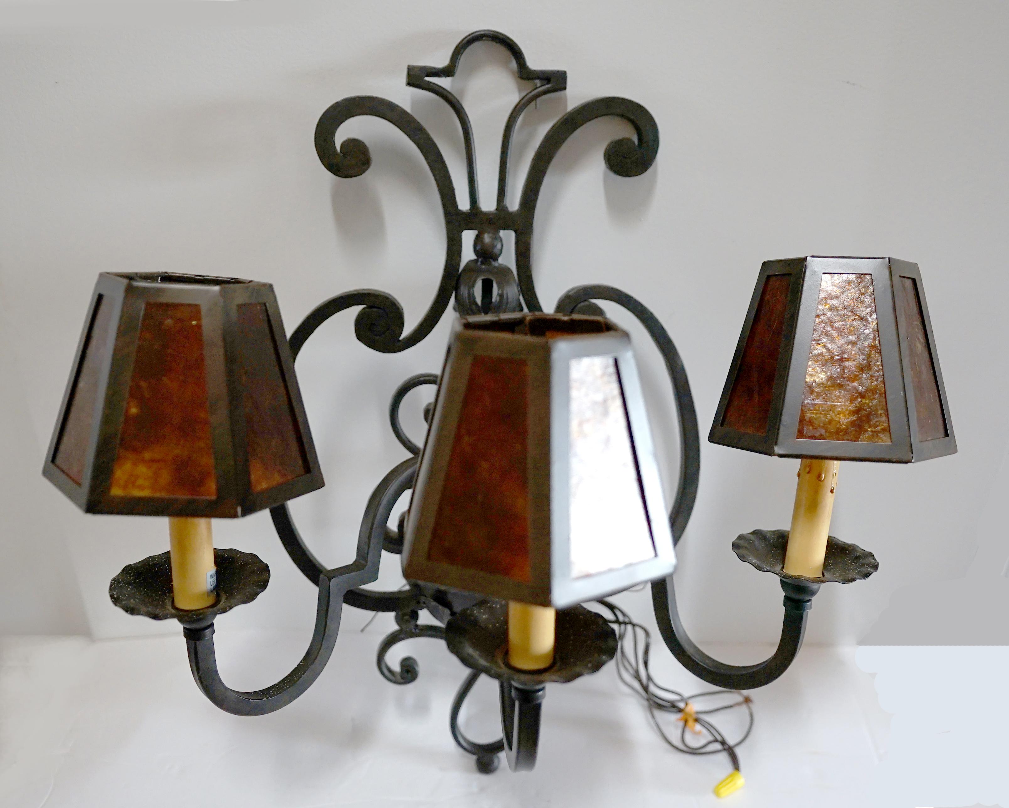 Cast Pair of Arte de Mexico Wrought Iron Sconces with Mica Shades For Sale