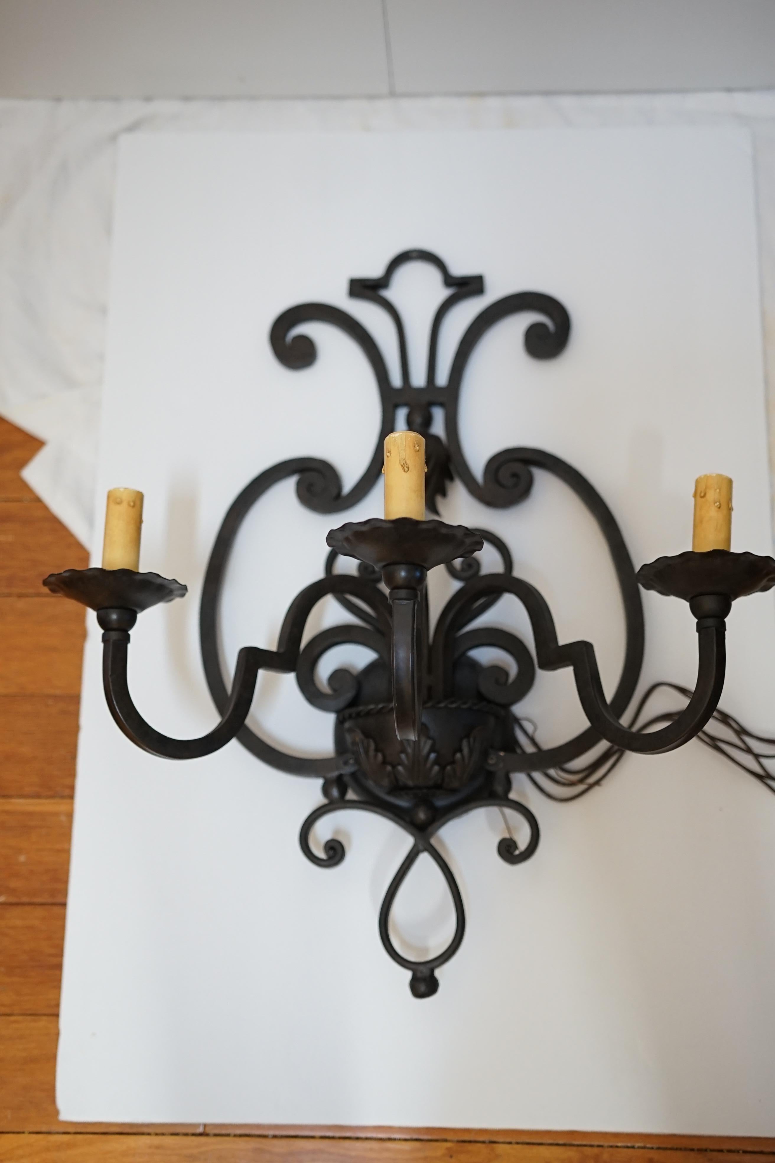 Contemporary Pair of Arte de Mexico Wrought Iron Sconces with Mica Shades For Sale