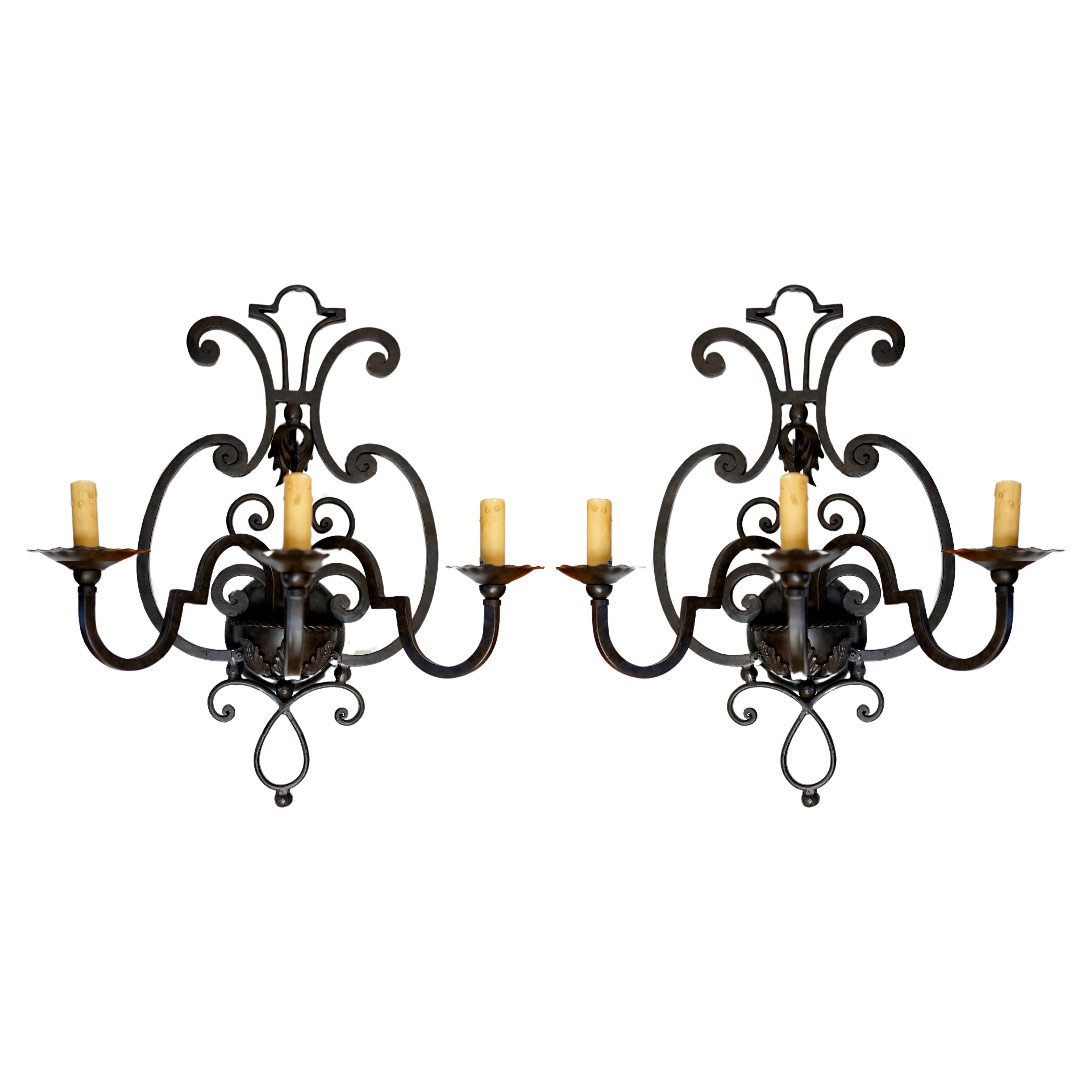 Pair of Arte de Mexico Wrought Iron Sconces with Mica Shades For Sale