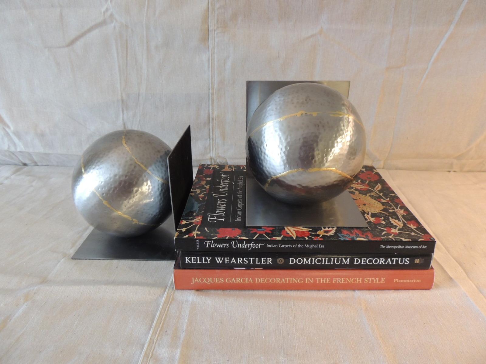 Mid-Century Modern Pair of Arteriors Brass and Steel Hand Hammered Round Bookends