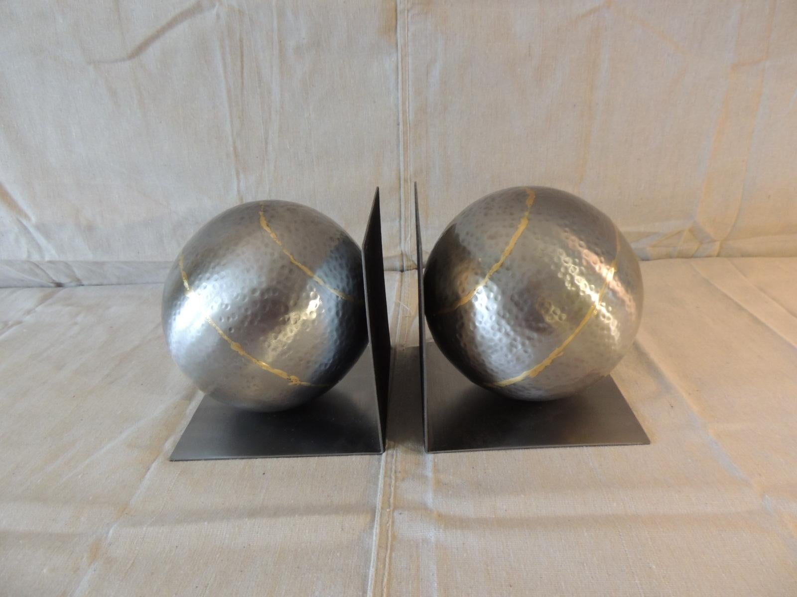 Hand-Crafted Pair of Arteriors Brass and Steel Hand Hammered Round Bookends