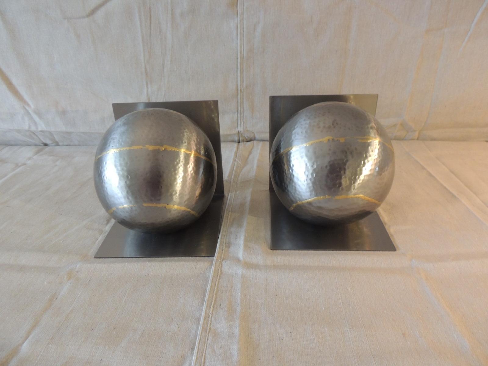 Pair of Arteriors Brass and Steel Hand Hammered Round Bookends In Good Condition In Oakland Park, FL