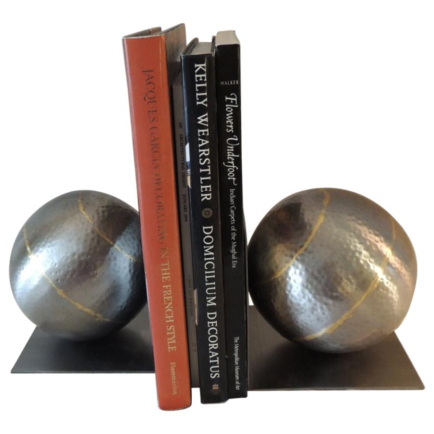 Pair of Arteriors Brass and Steel Hand Hammered Round Bookends
