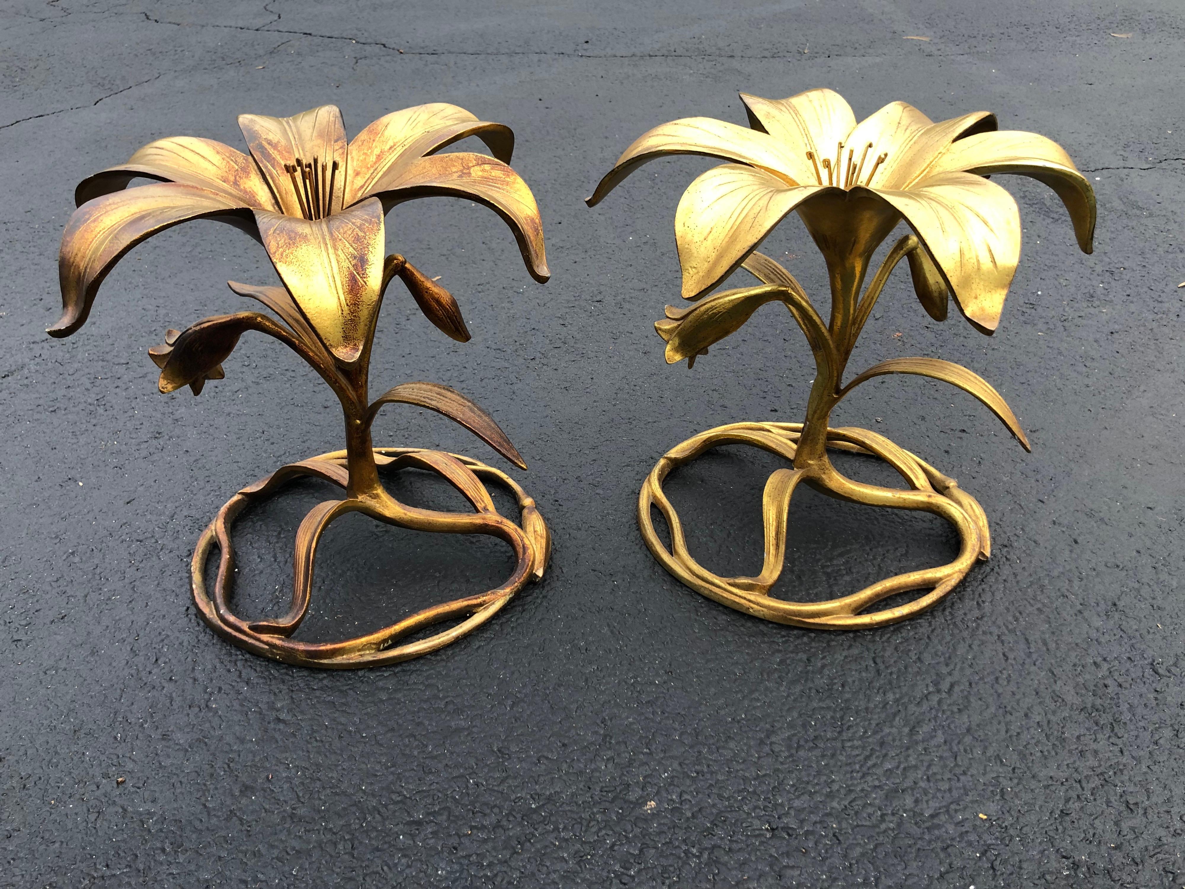 Glass Pair of Arthur Court Gilt Lily Tables