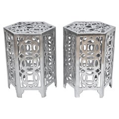 Pair Arthur Court Style Polished Aluminum Chinese Coin Hexagon Tables, 1970's
