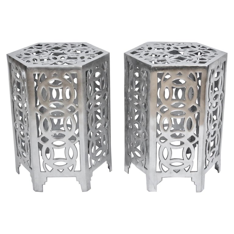 Pair Arthur Court Style Polished Aluminum Chinese Coin Hexagon Tables, 1970's For Sale