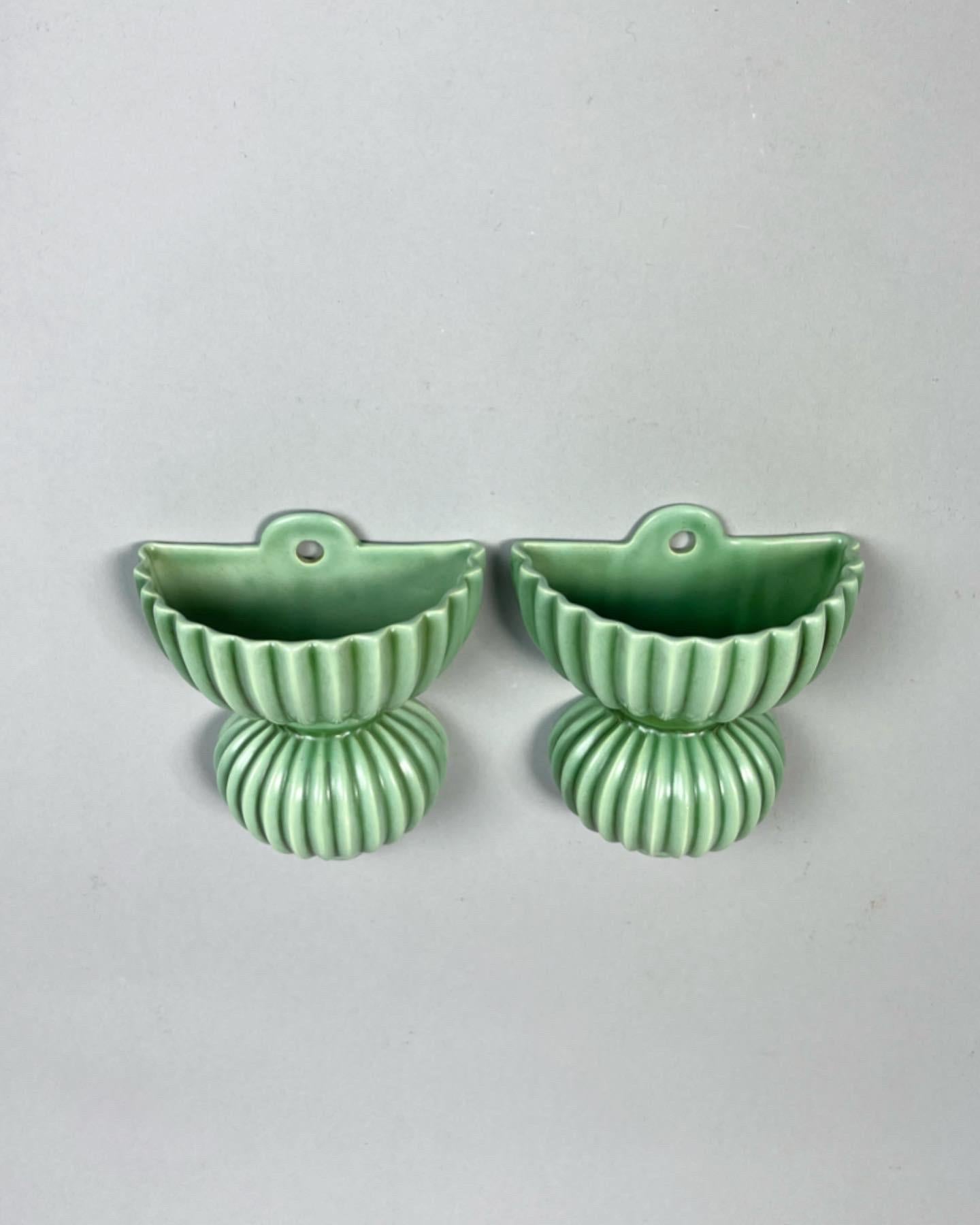 Swedish Pair of Arthur Percy Wall Vases Gefle Ceramic Sweden 1940s Celadon Green
