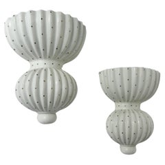 Pair of Arthur Percy Wall Vases Gefle Sweden White Stoneware Polka Dot 1940s