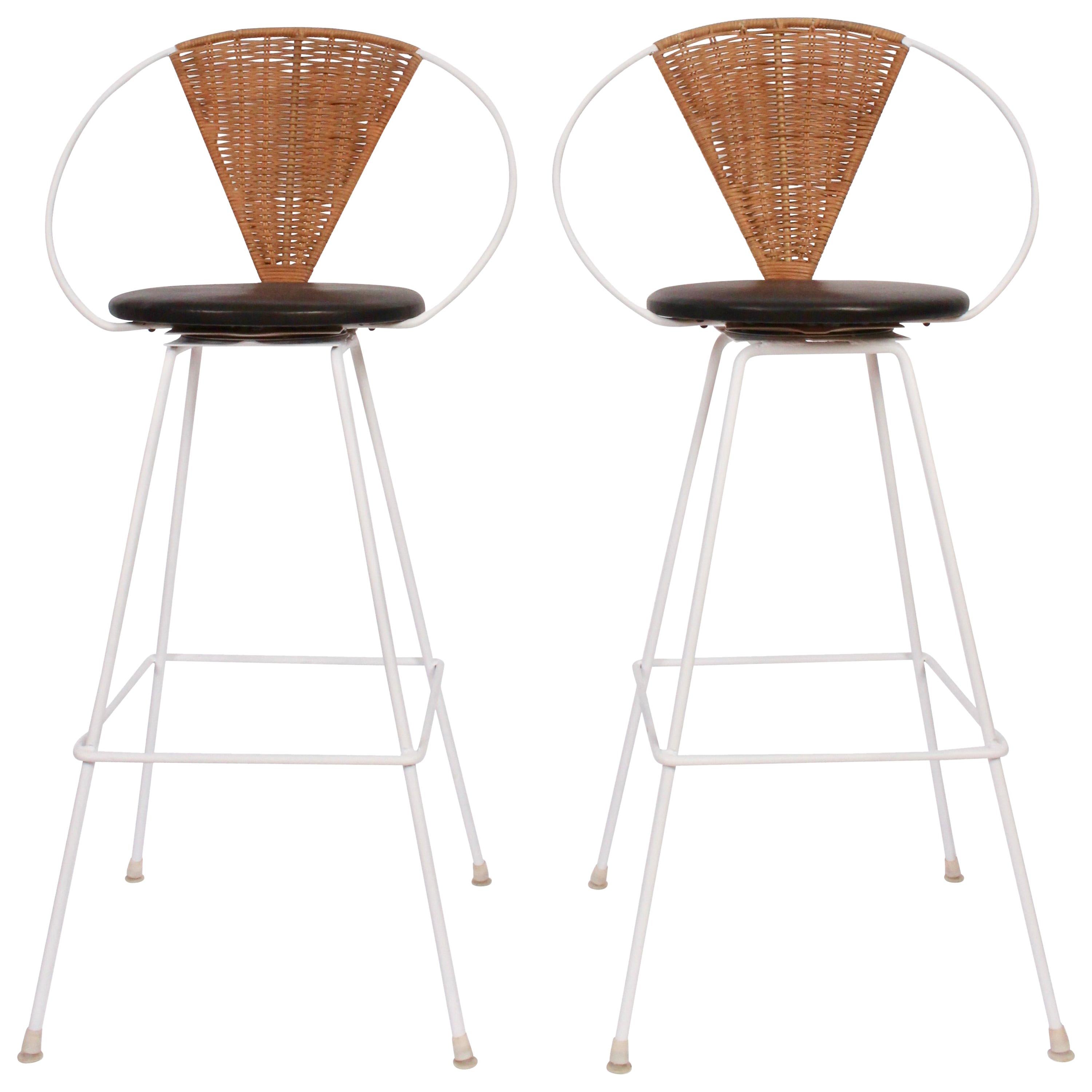 Pair of Arthur Umanoff for Shaver Howard Iron, Rattan & Black Leather Bar Stools