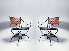 Pair of Arthur Umanoff Scroll Arm Chairs with Leather Strapping