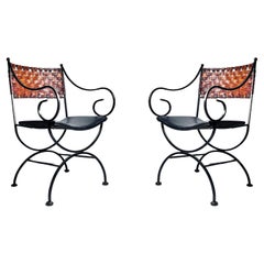 Pair of Arthur Umanoff Scroll Arm Chairs with Leather Strapping