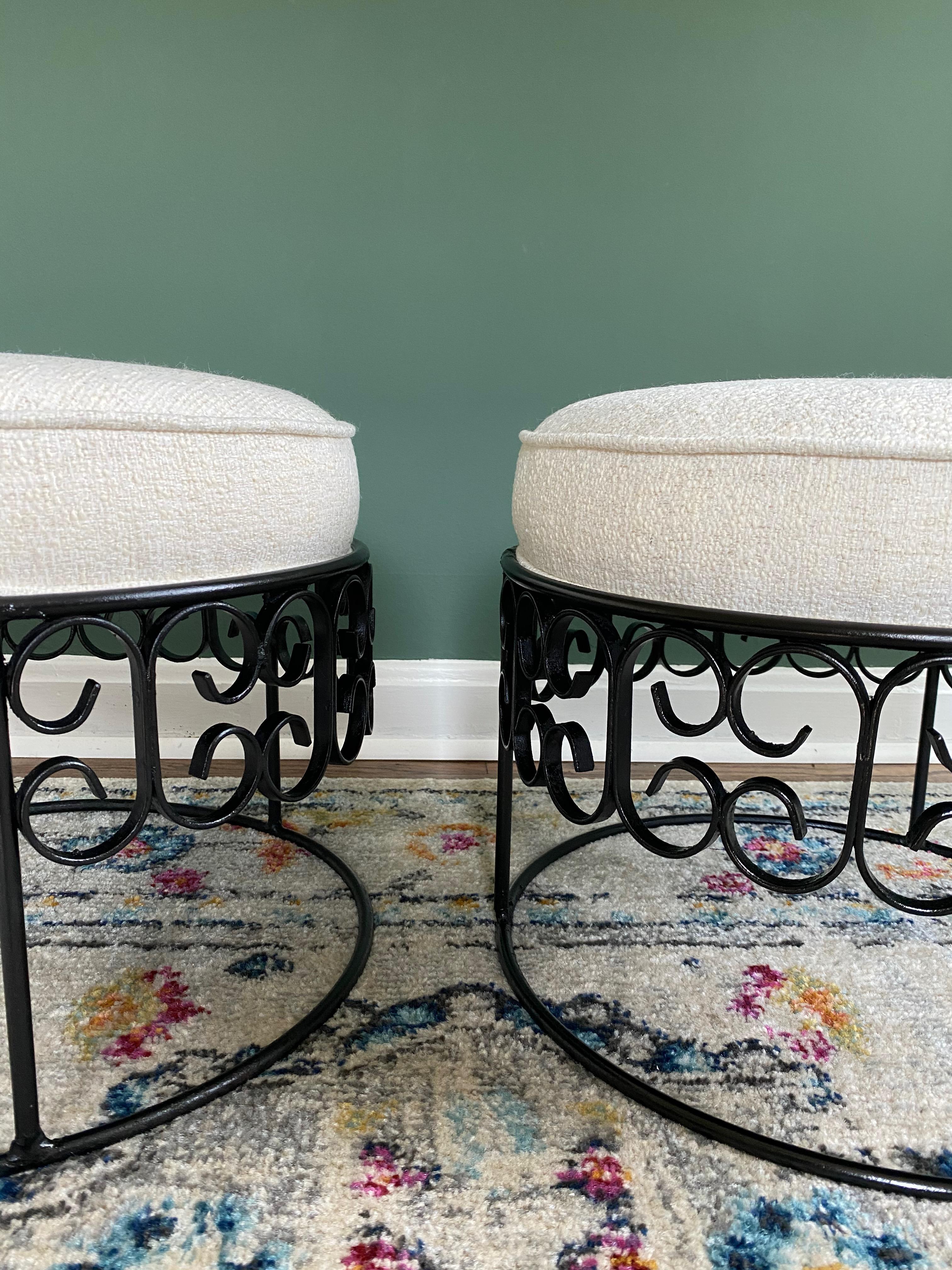Mid-Century Modern Pair of Arthur Umanoff Wrought Iron Stools, Reupholstered For Sale