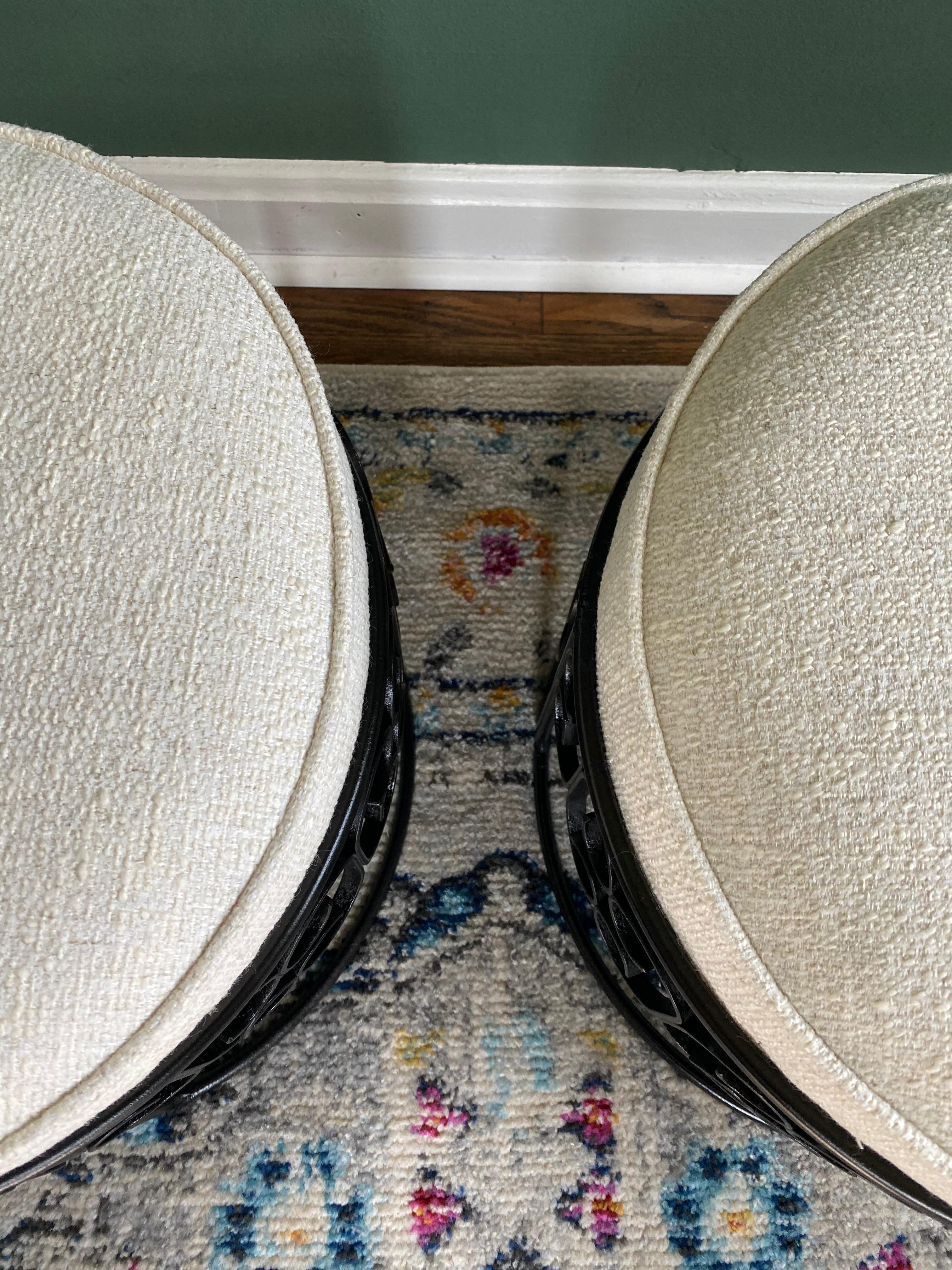 Pair of Arthur Umanoff Wrought Iron Stools, Reupholstered In Good Condition For Sale In Medina, OH