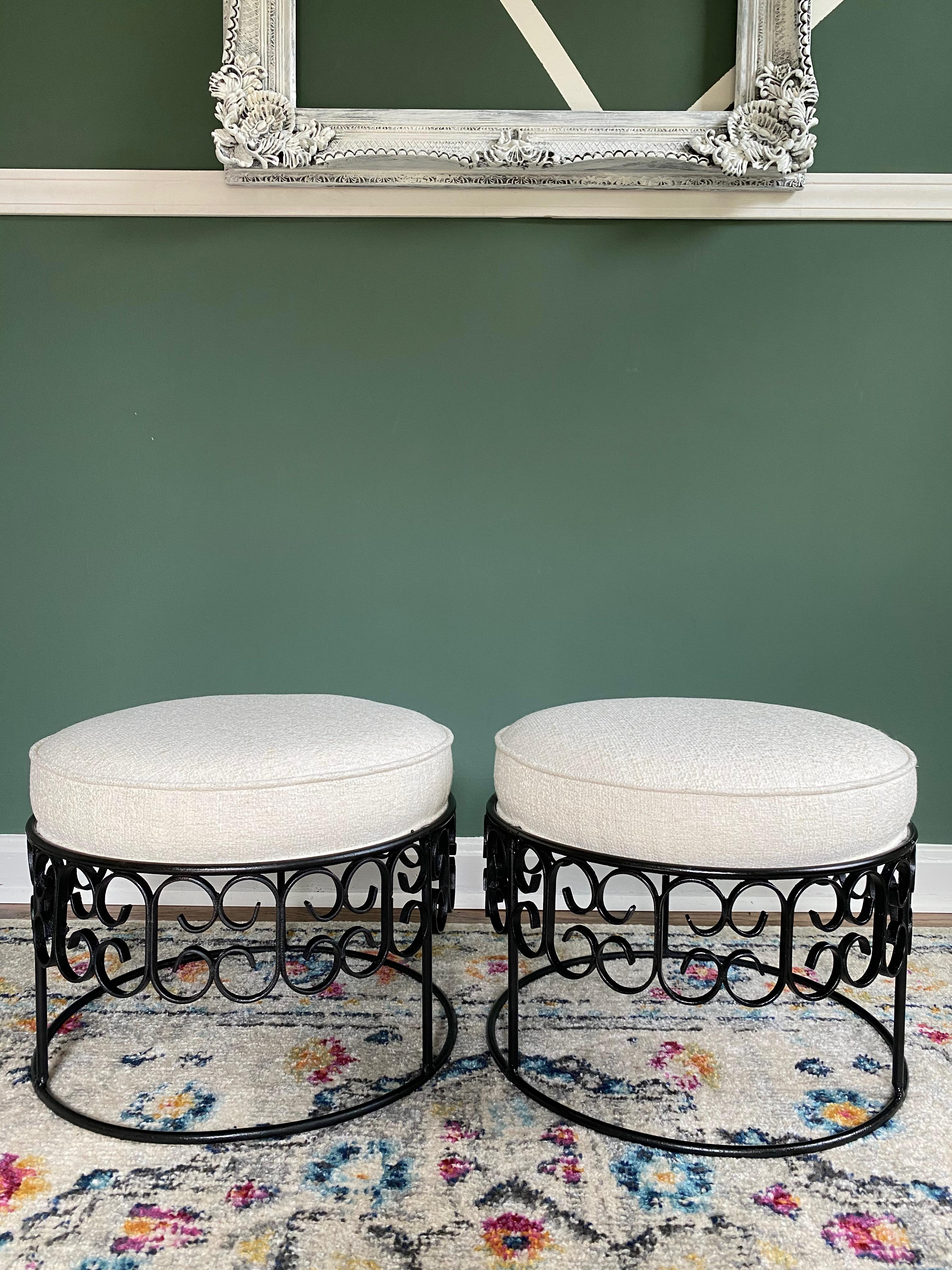 Fabric Pair of Arthur Umanoff Wrought Iron Stools, Reupholstered For Sale