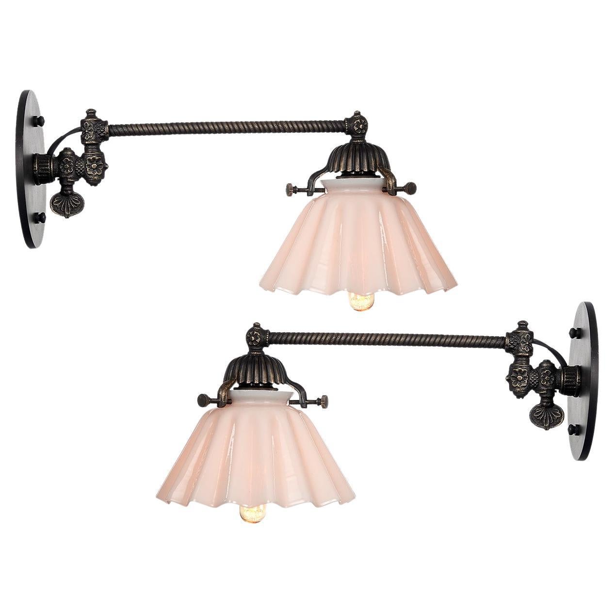 Pair of Articulated Gas Sconces with Pleated Milk Glass Shades