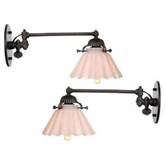 Pair of Articulated Gas Sconces with Pleated Milk Glass Shades