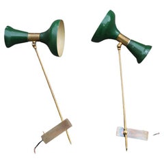Pair of Articulated Wall Lamps in Mid-century Italian Green Brass Gold Stilnovo
