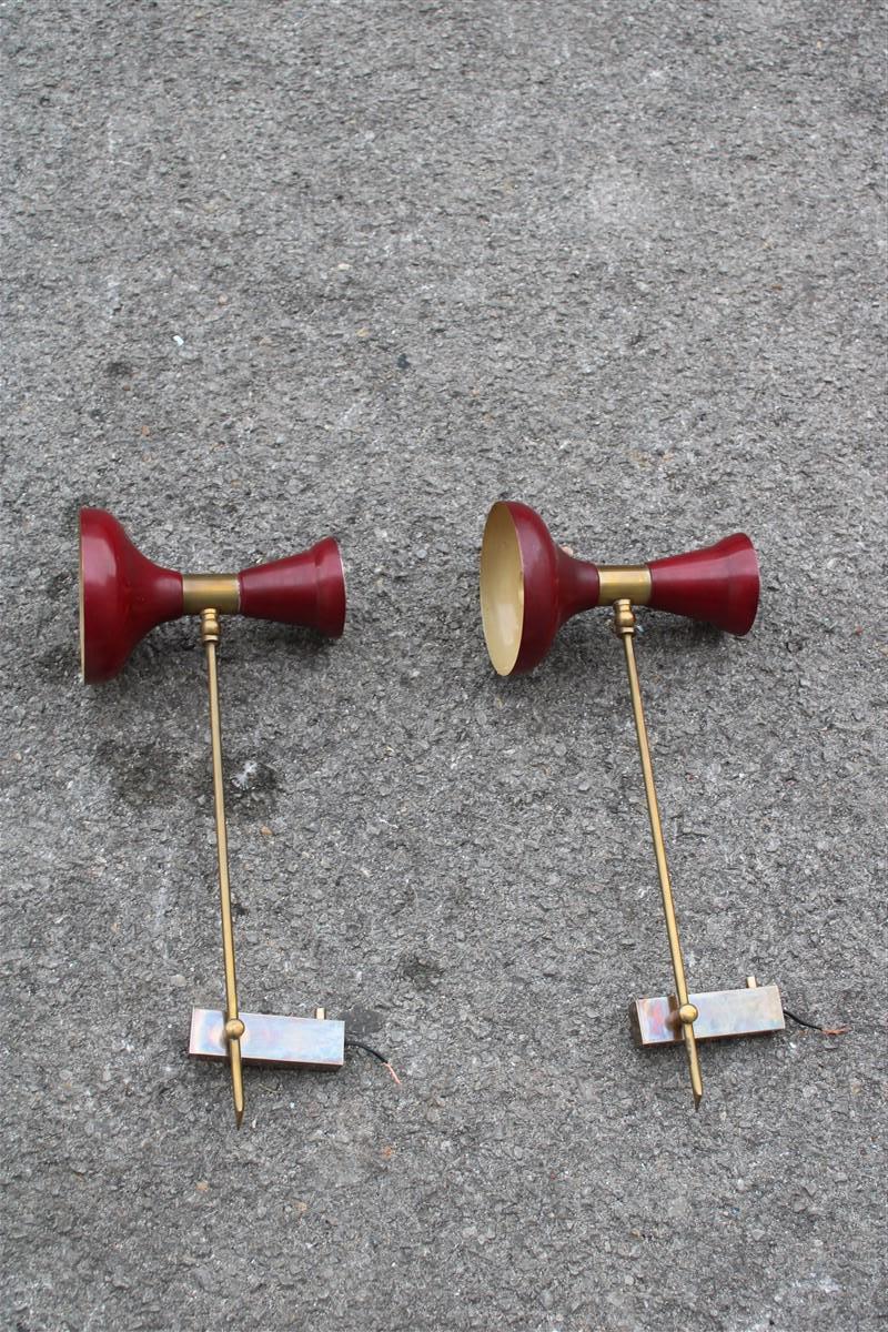 Pair of Articulated Wall Lamps in Mid-century Italian red Brass Gold Stilnovo 