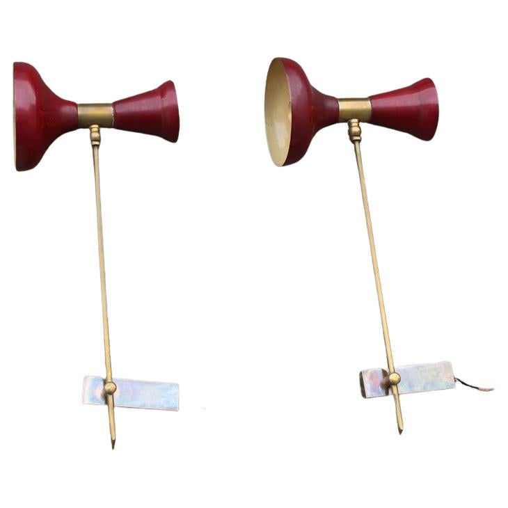 Pair of Articulated Wall Lamps in Mid-century Italian Red Brass Gold Stilnovo 