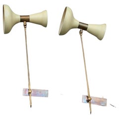 Pair of Articulated Wall Lamps in Mid-century Italian White Brass Gold Stilnovo