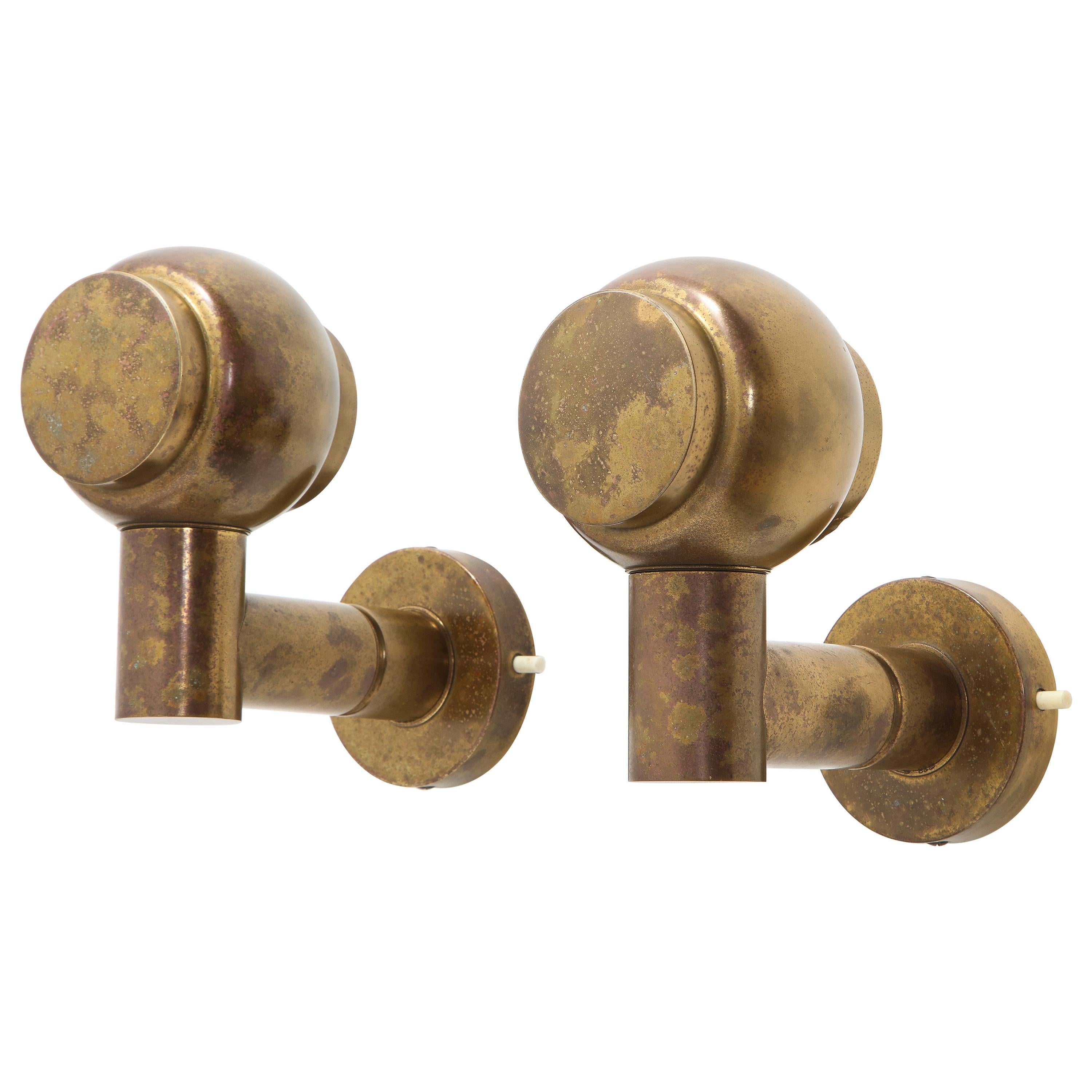 Pair of Articulating 1950s French Brass Sconces with Antique Patina