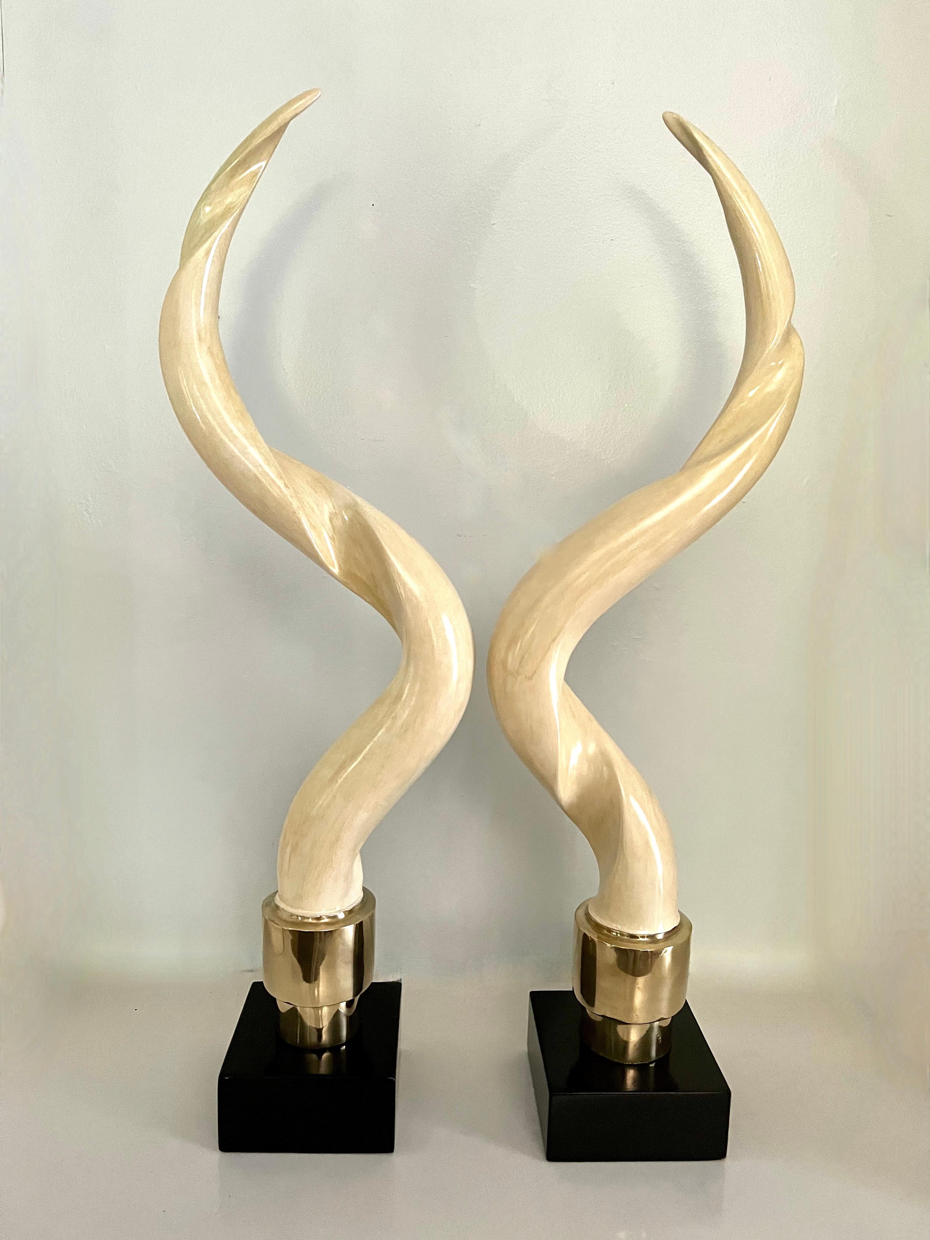 Faux Bois Pair of Kudu Horns on Brass and Lacquered Base