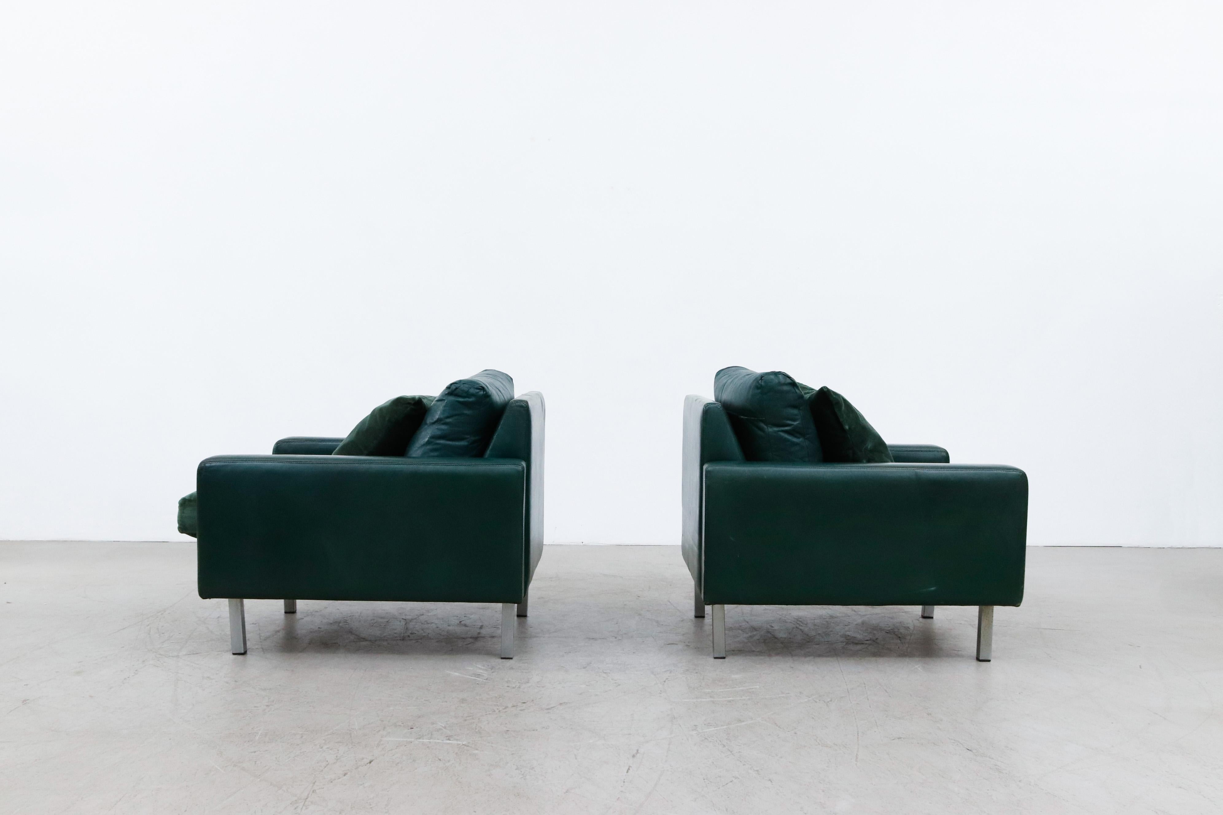 Dutch Pair of Artifort Green Leather and Velvet Lounge Chairs