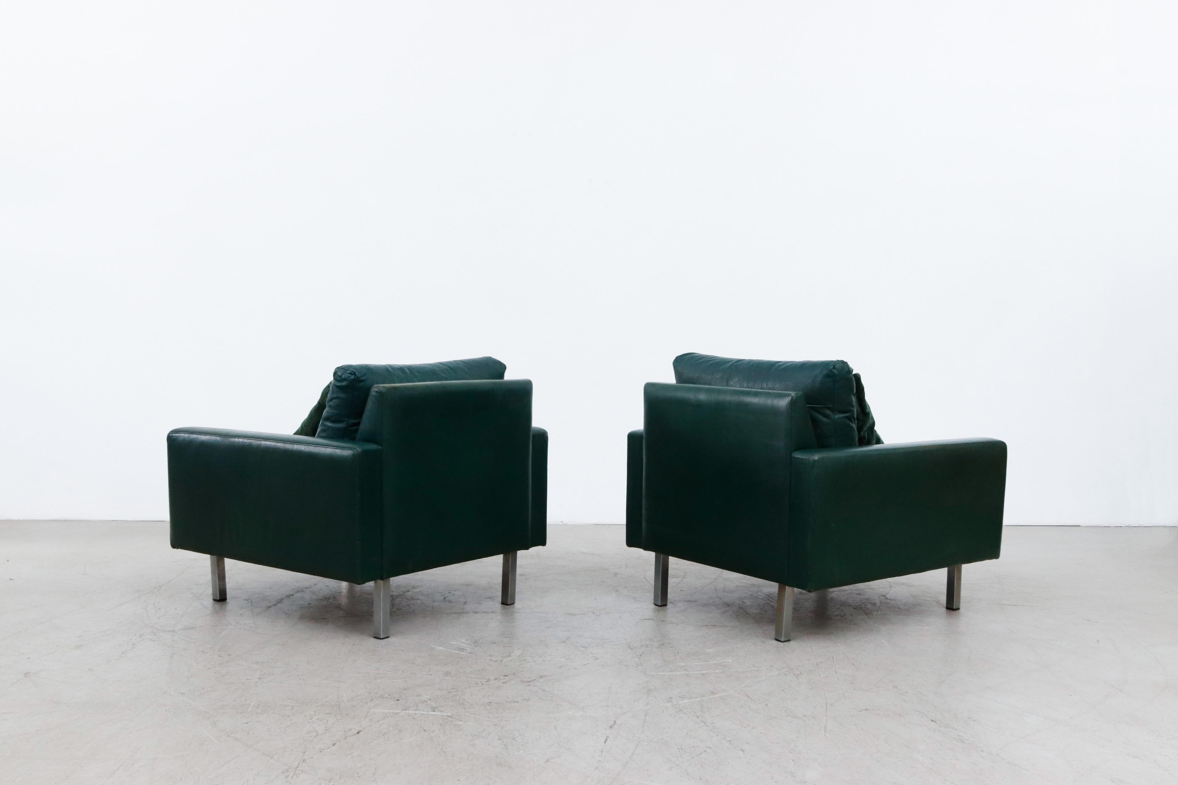 Pair of Artifort Green Leather and Velvet Lounge Chairs In Good Condition In Los Angeles, CA