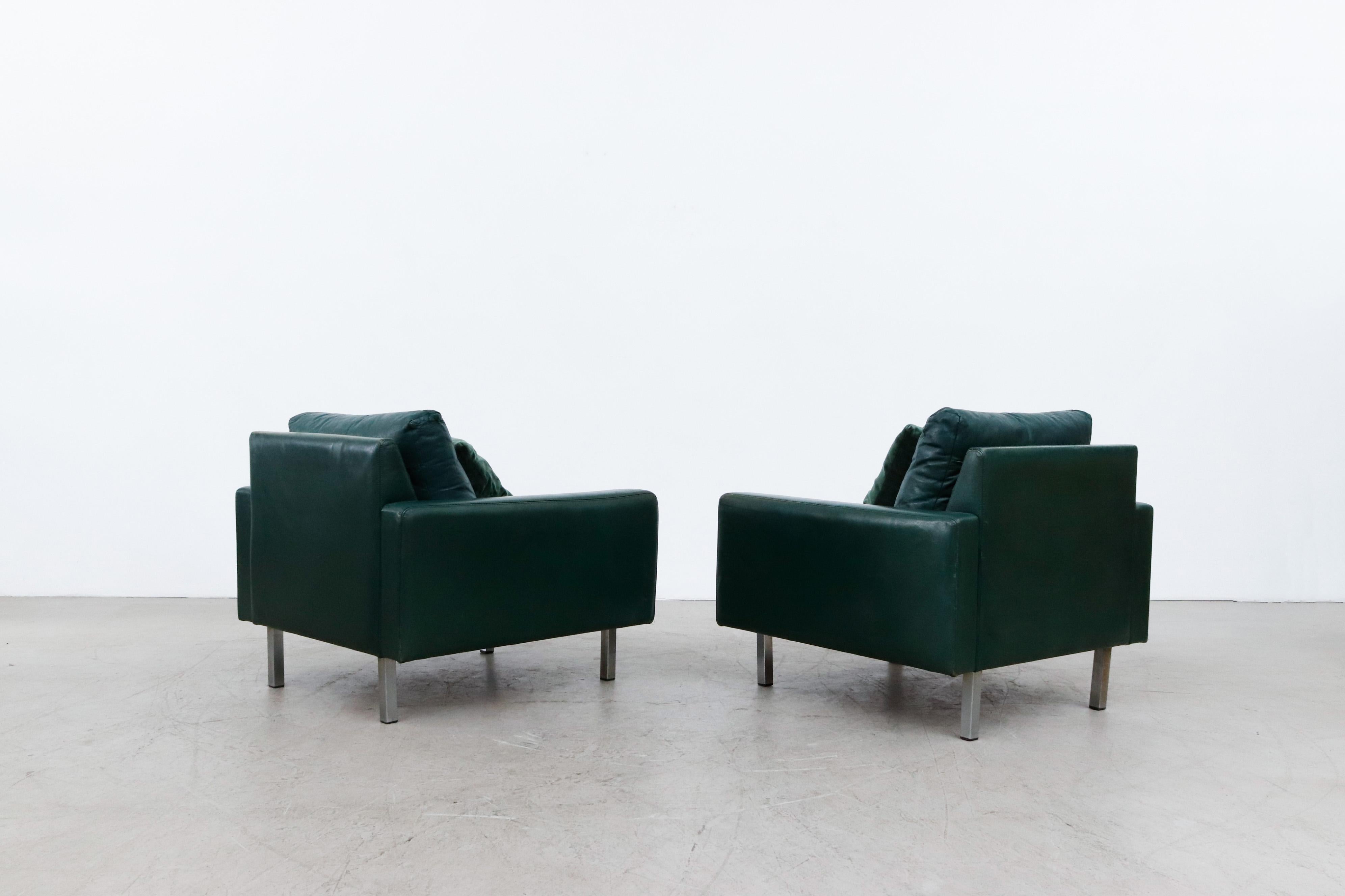 Mid-20th Century Pair of Artifort Green Leather and Velvet Lounge Chairs