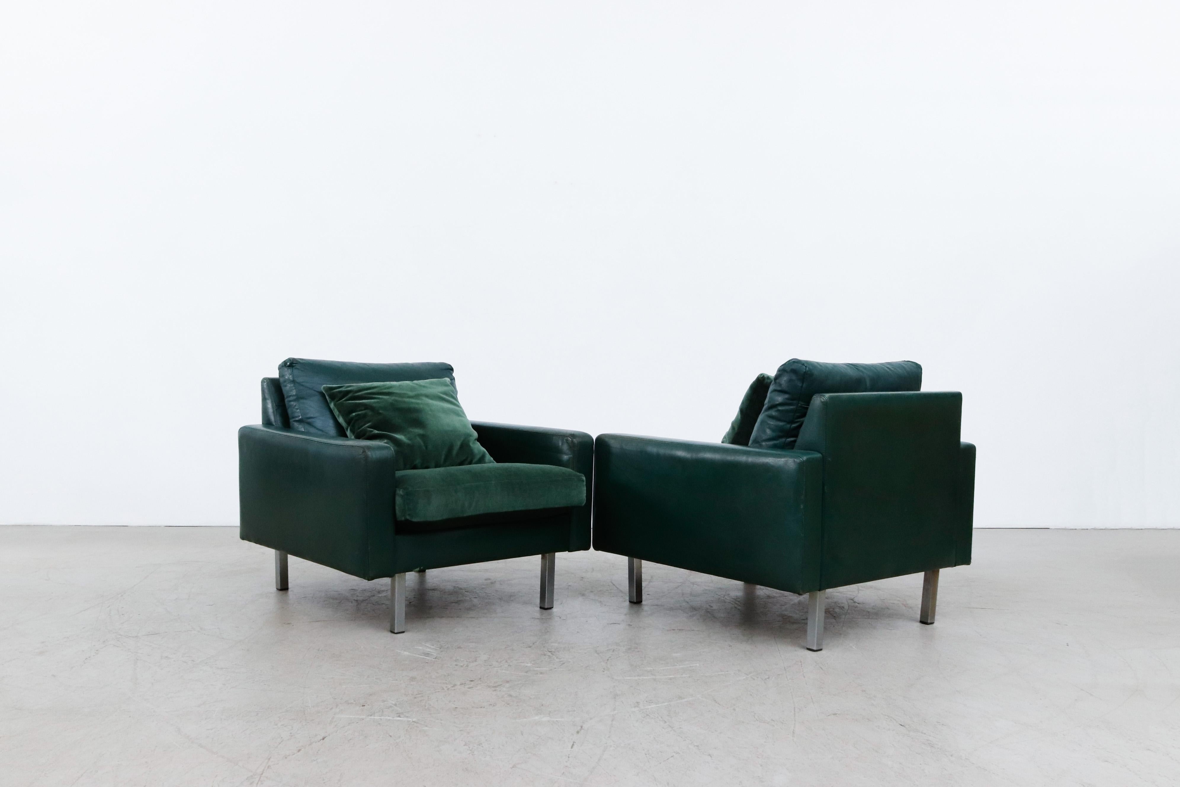 Pair of Artifort Green Leather and Velvet Lounge Chairs 1