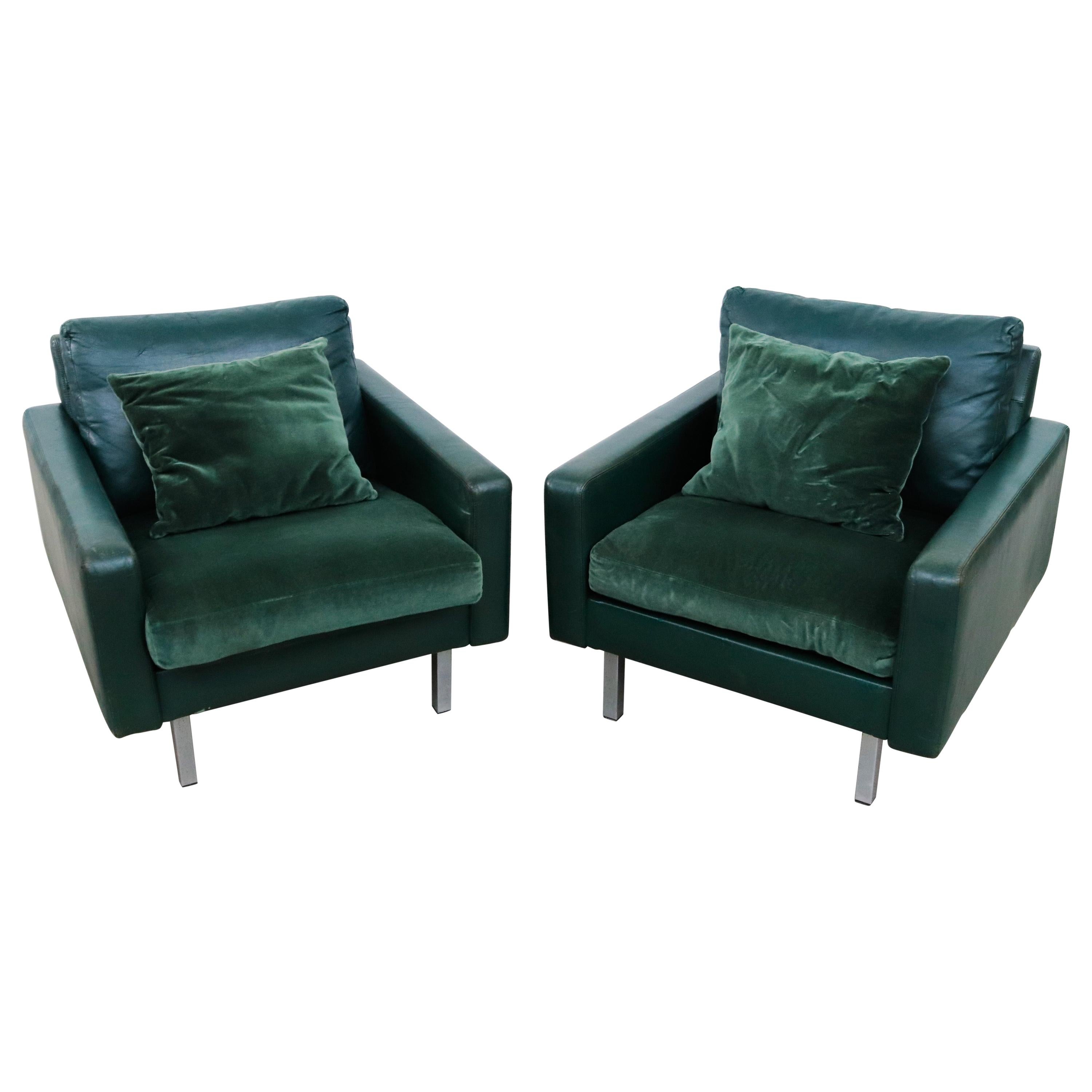 Pair of Artifort Green Leather and Velvet Lounge Chairs