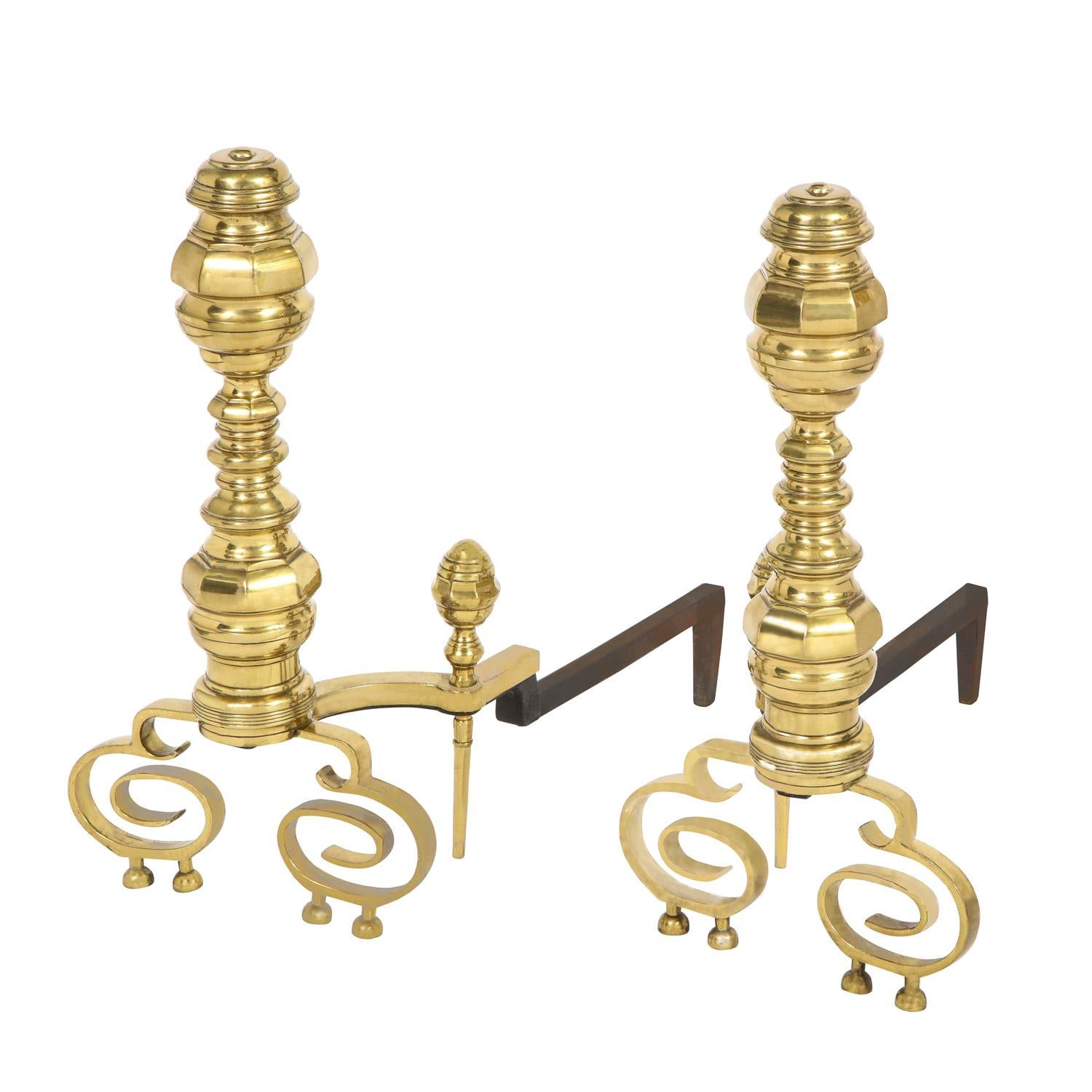 Mid-Century Modern Pair of Artisan Andirons in Polished Brass and Wrought-Iron 1970s For Sale