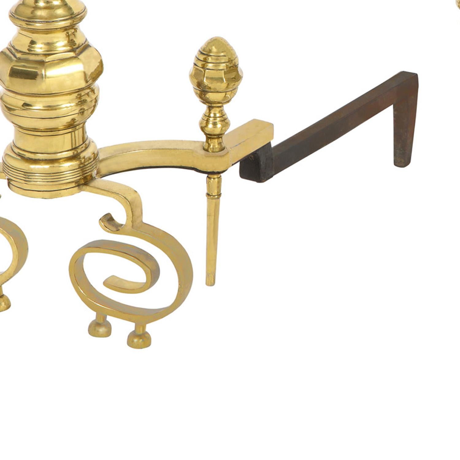 Hand-Crafted Pair of Artisan Andirons in Polished Brass and Wrought-Iron 1970s For Sale